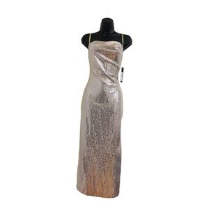 Bebe silver sequin cowl neck adjustable‎ strap slip style gown dress size large